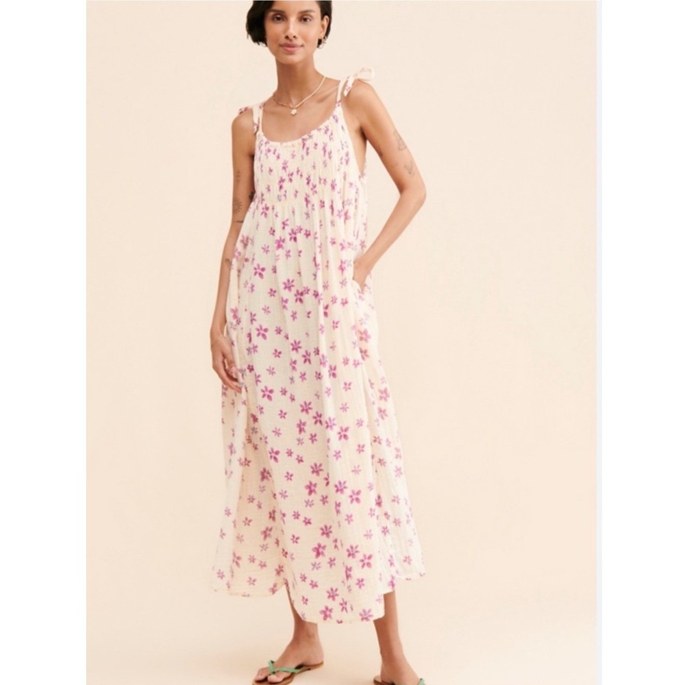 NWT Free People Azure Lilac Ecru Floral Gauze Smocked Midi Dress XL